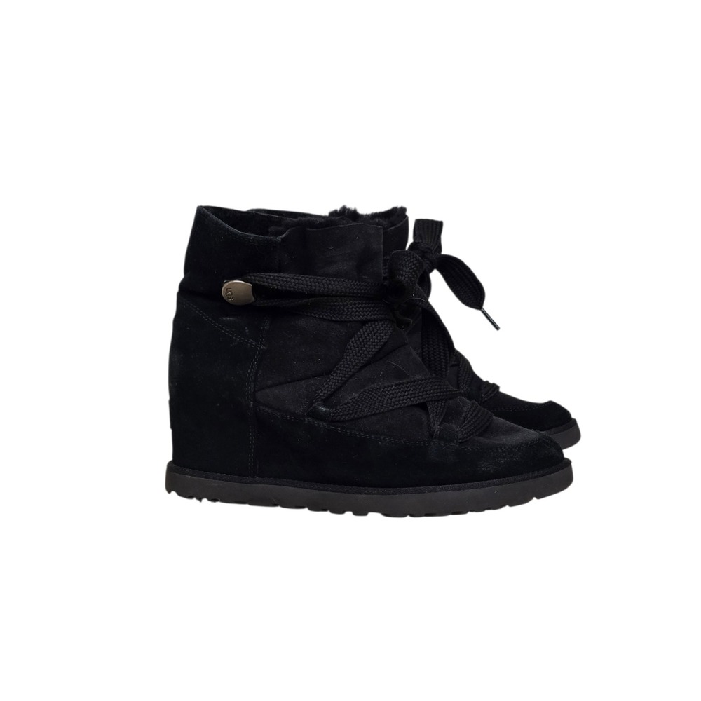 UGG Classic Femme Lace Up Black Suede Wedge Sheepskin Ankle Boots 1104612 Size 8